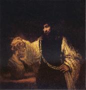 REMBRANDT Harmenszoon van Rijn, Aristotle Contemplating the Bust of Homer